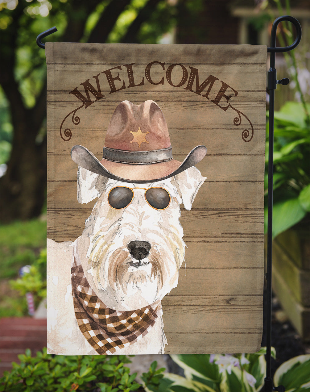Wheaten Terrier Cowboy Dog Welcome Garden Flag – Western-Style Dog with Hat & Sunglasses CK6376GF