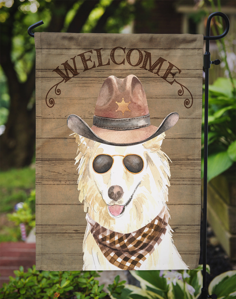 White Collie Cowboy Dog Welcome Garden Flag – Western-Style Dog with Hat & Sunglasses CK6377GF