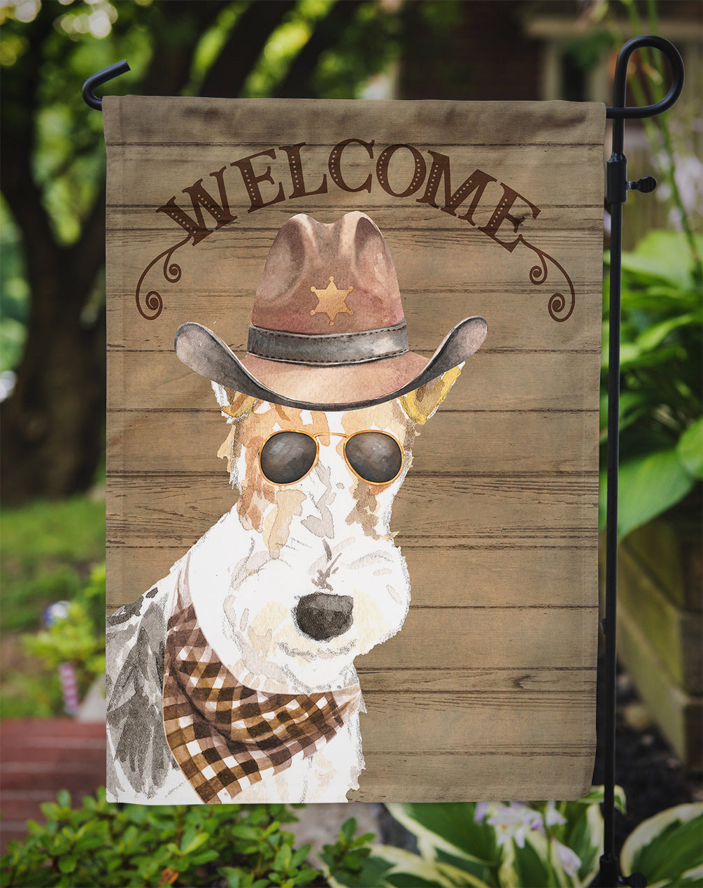 Fox Terrier Cowboy Dog Welcome Garden Flag – Western-Style Dog with Hat & Sunglasses CK6378GF