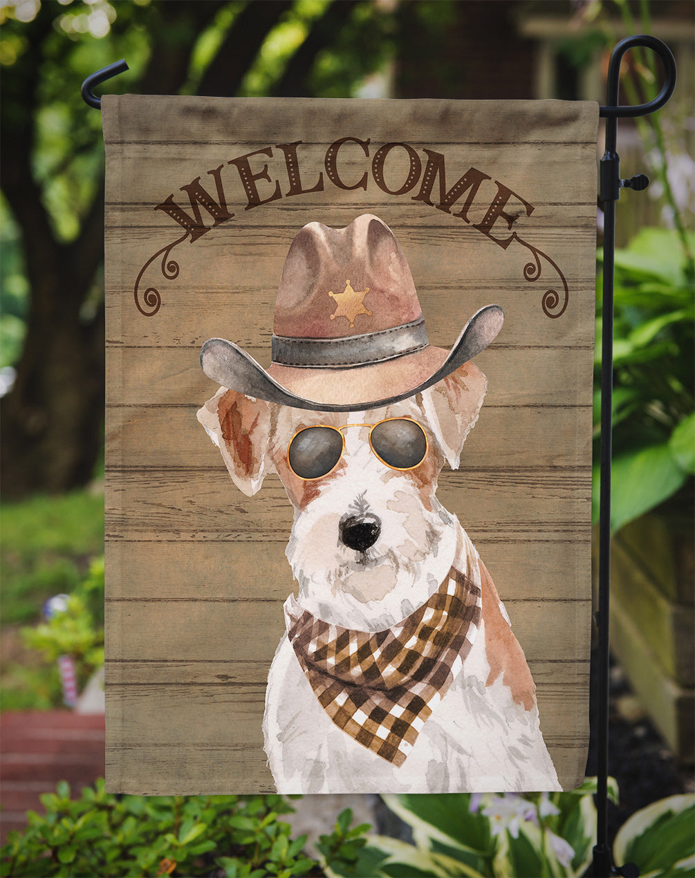 Jack Russell Terrier Cowboy Dog Welcome Garden Flag – Western-Style Dog with Hat & Sunglasses CK6379GF