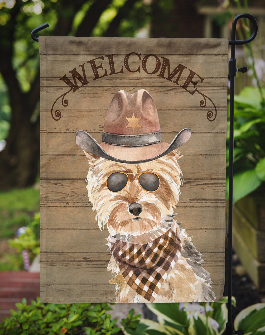 Yorkshire Terrier #2 Cowboy Dog Welcome Garden Flag – Western-Style Dog with Hat & Sunglasses CK6380GF