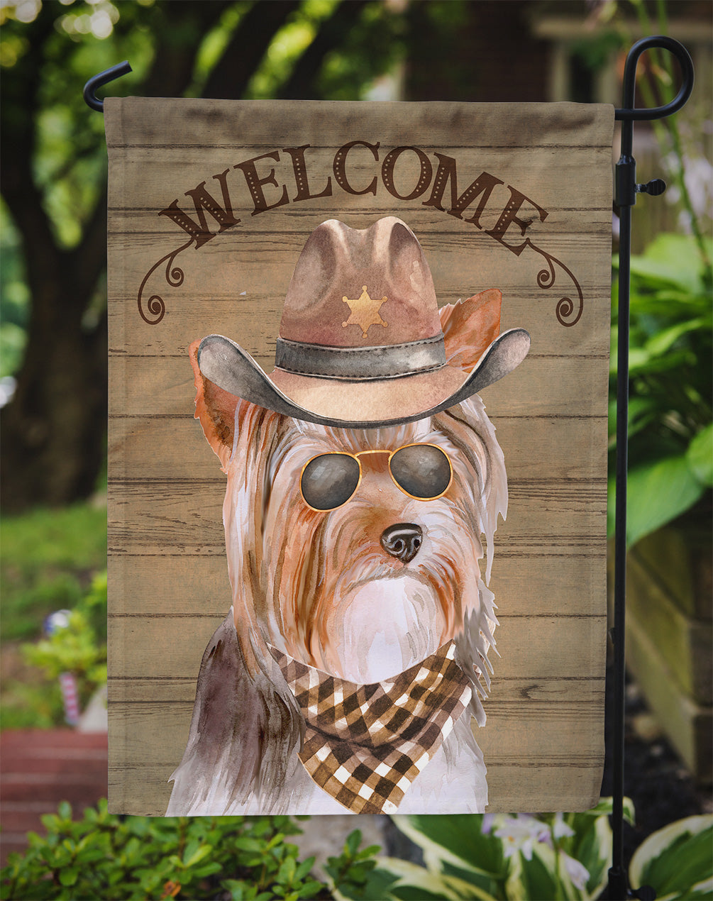 Yorkshire Terrier #3 Cowboy Dog Welcome Garden Flag – Western-Style Dog with Hat & Sunglasses CK6381GF