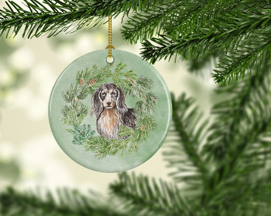 Dachshund Black and Tan Longhaired Christmas Wreath Ceramic Ornament