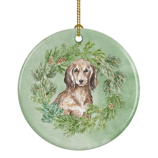 Dachshund Sable Longhaired Christmas Wreath Ceramic Ornament