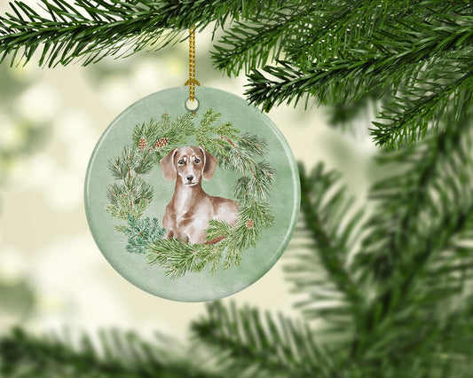 Dachshund Red Christmas Wreath Ceramic Ornament
