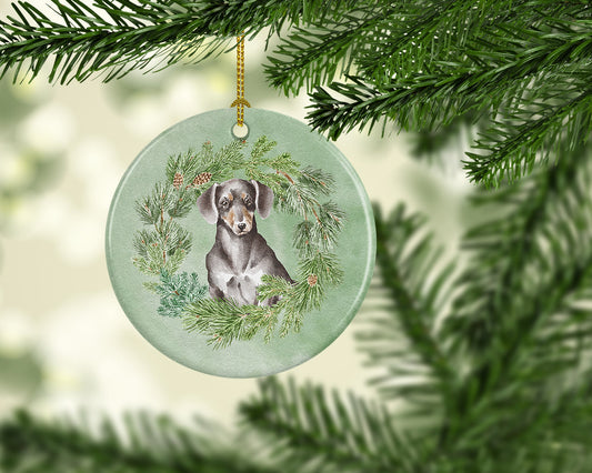 Dachshund Black and Tan Christmas Wreath Ceramic Ornament