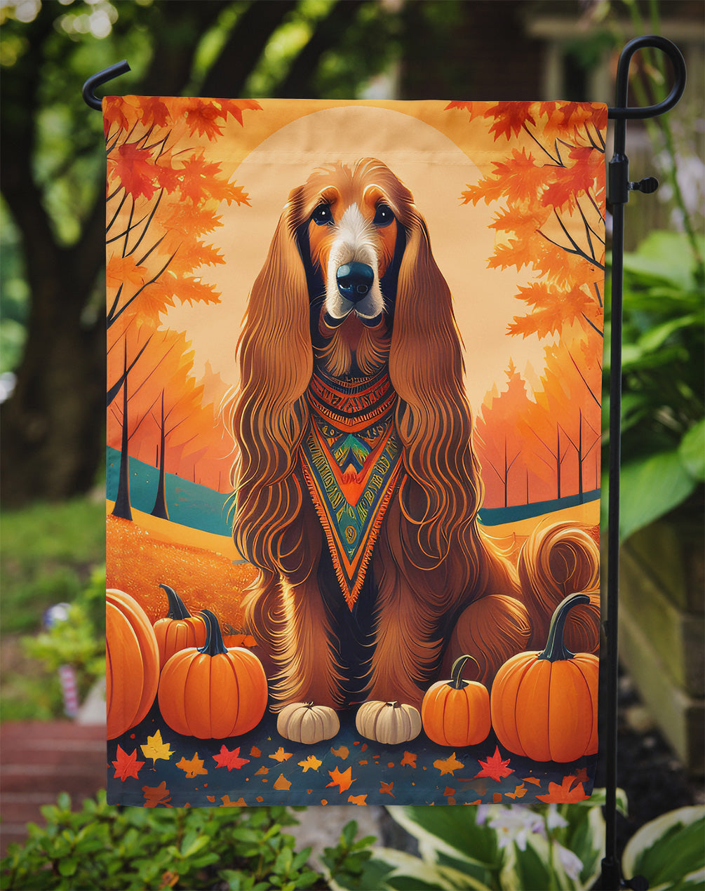Afghan Hound Fall Garden Flag – Dog Surrounded by Pumpkins & Autumn Leaves