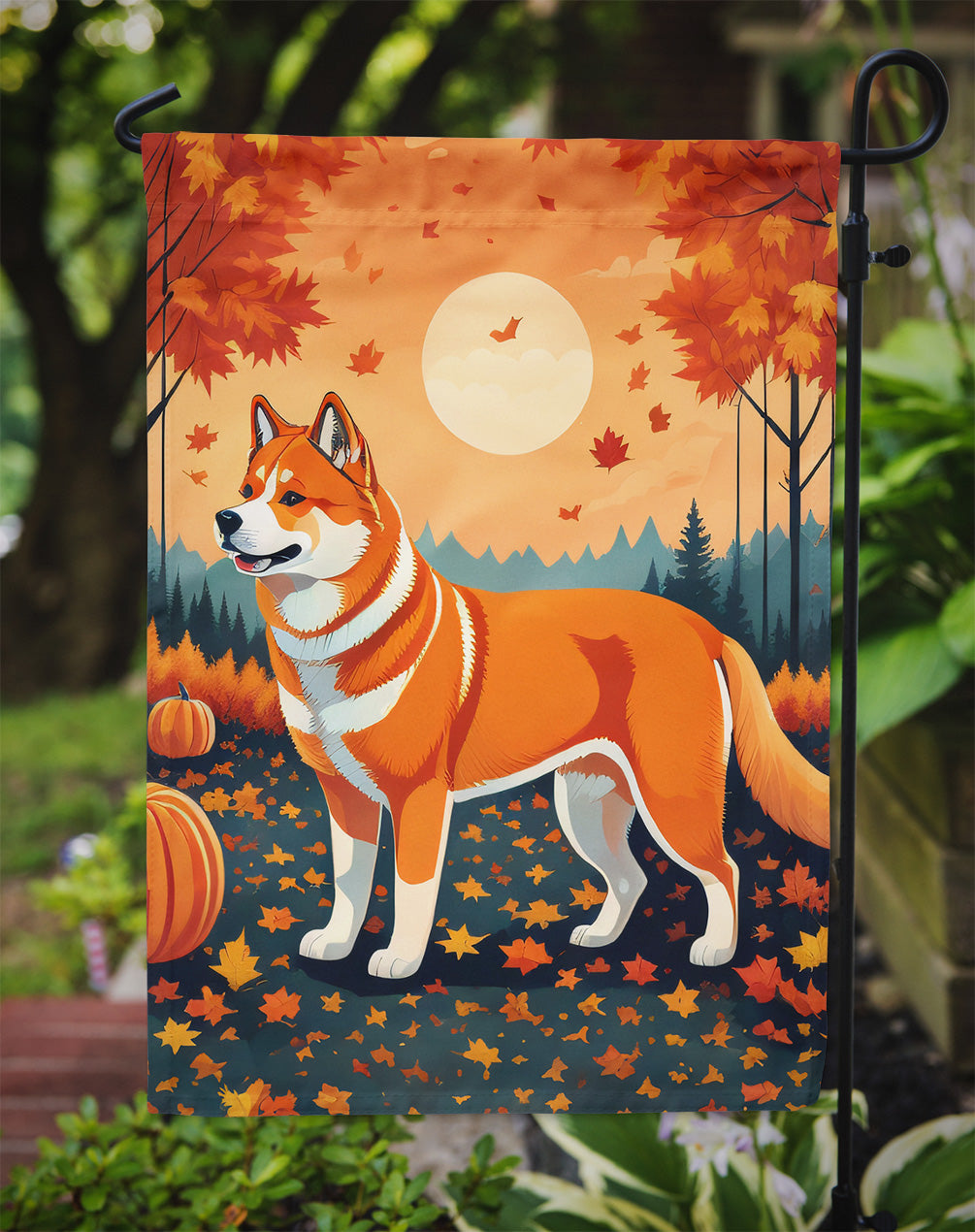 Akita Fall Garden Flag – Dog Surrounded by Pumpkins & Autumn Leaves