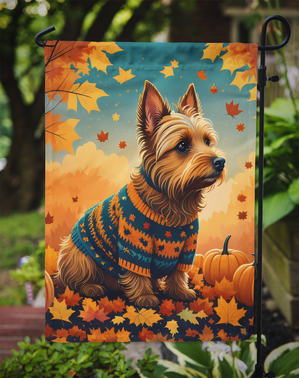 Australian Terrier Terrier Fall Garden Flag – Dog Surrounded by Pumpkins & Autumn Leaves