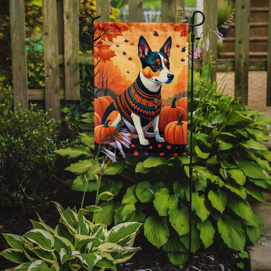 Basenji Fall Garden Flag – Dog Surrounded by Pumpkins & Autumn Leaves