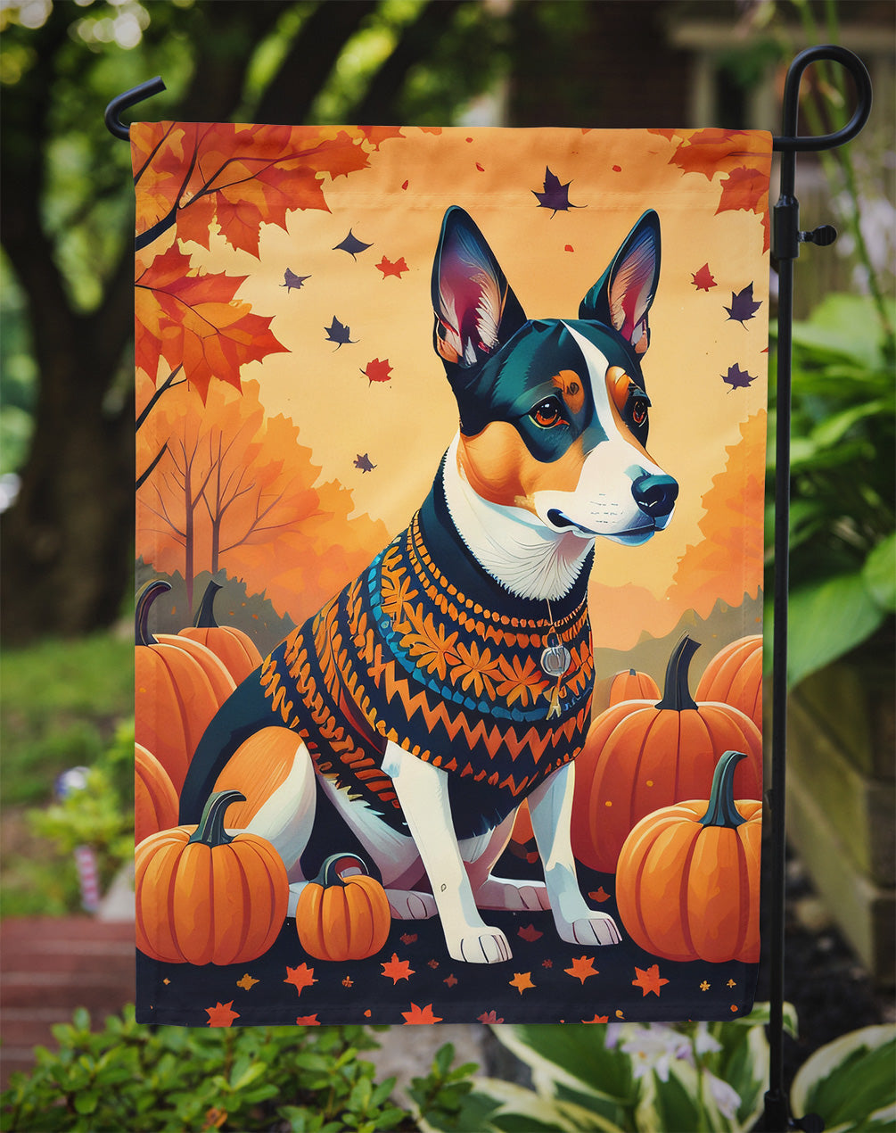 Basenji Fall Garden Flag – Dog Surrounded by Pumpkins & Autumn Leaves