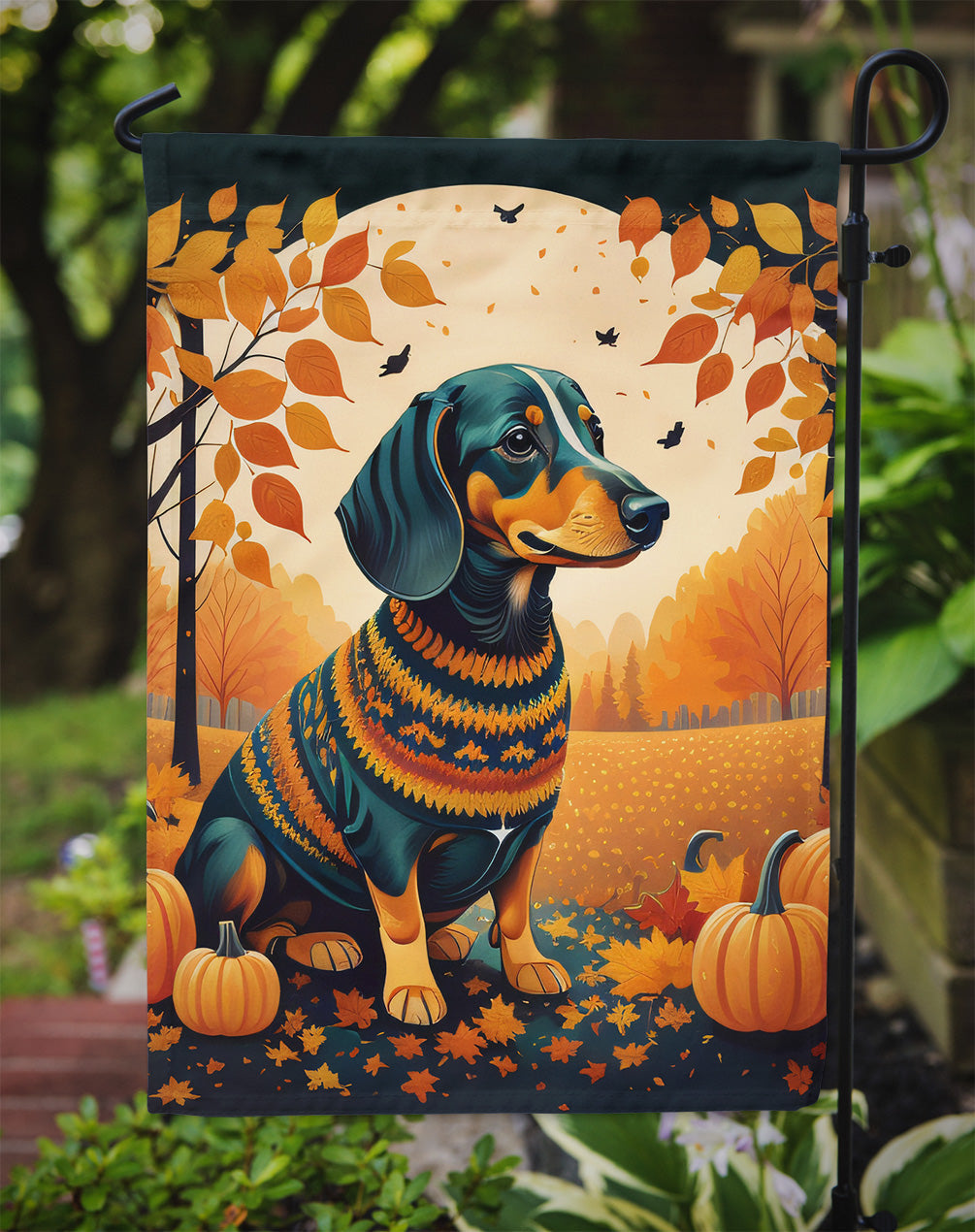 Dachshund Fall Garden Flag – Dog Surrounded by Pumpkins & Autumn Leaves