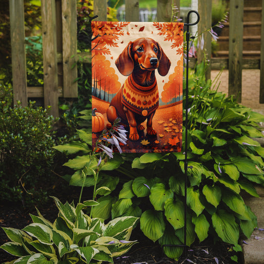 Dachshund Fall Garden Flag – Dog Surrounded by Pumpkins & Autumn Leaves