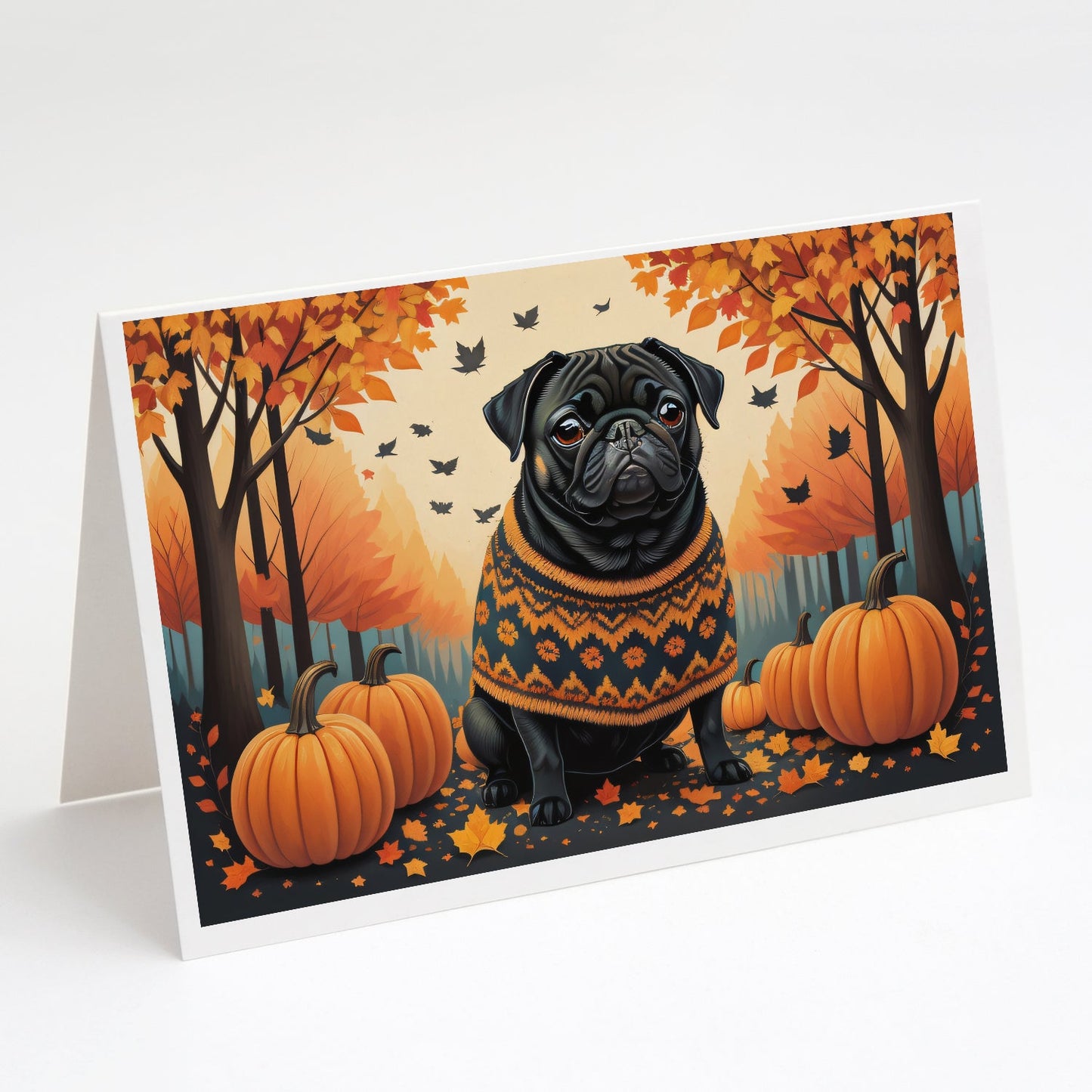 Black Pug Fall Greeting Cards and Envelopes Pack of 8