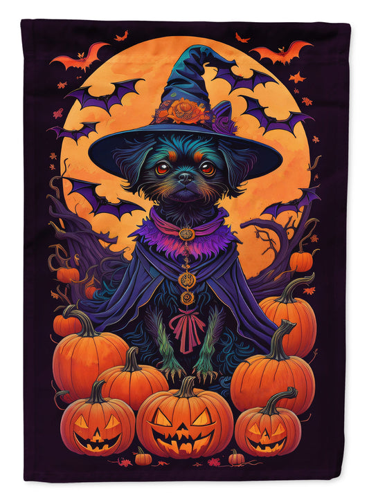 Affenpinscher Witchy Halloween Garden Flag – Witch Dog with Pumpkins, Bats & Jack-o'-Lanterns