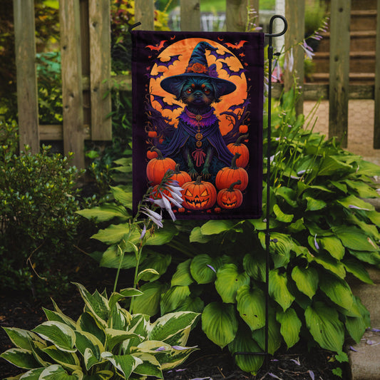 Affenpinscher Witchy Halloween Garden Flag – Witch Dog with Pumpkins, Bats & Jack-o'-Lanterns