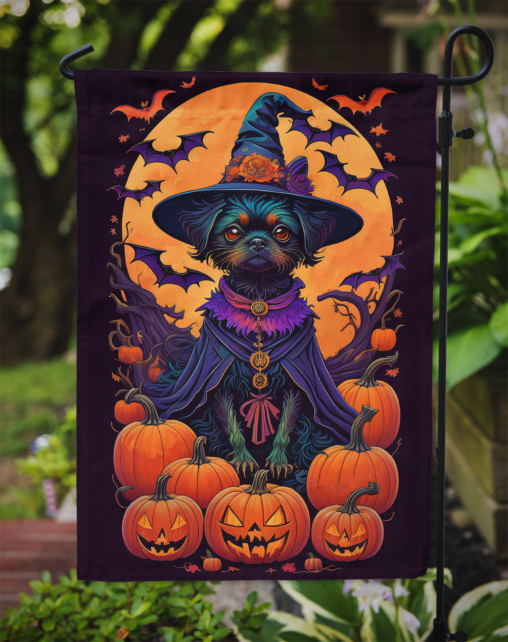 Affenpinscher Witchy Halloween Garden Flag – Witch Dog with Pumpkins, Bats & Jack-o'-Lanterns