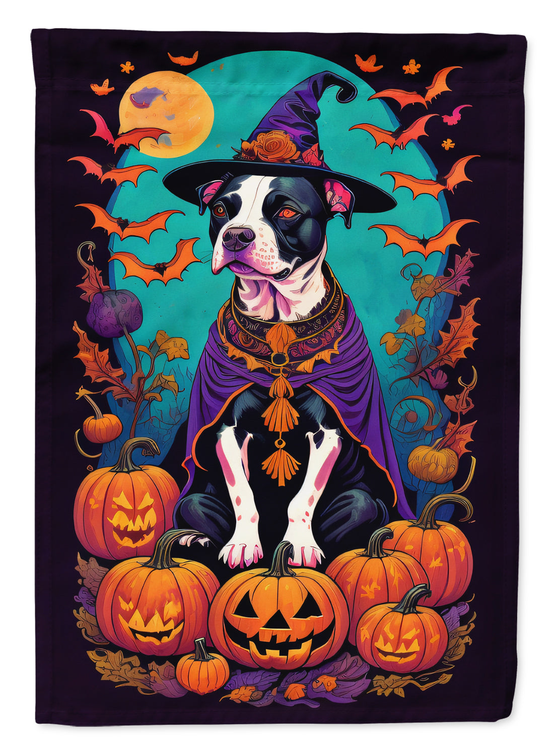 Pit Bull Terrier Witchy Halloween Garden Flag – Witch Dog with Pumpkins, Bats & Jack-o'-Lanterns