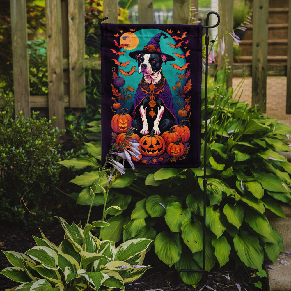 Pit Bull Terrier Witchy Halloween Garden Flag – Witch Dog with Pumpkins, Bats & Jack-o'-Lanterns