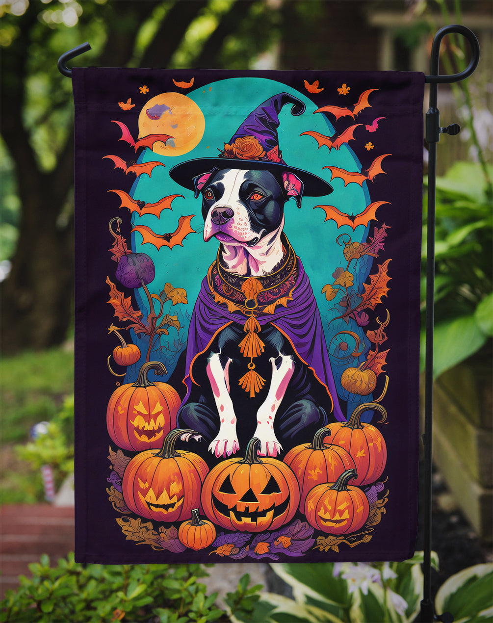 Pit Bull Terrier Witchy Halloween Garden Flag – Witch Dog with Pumpkins, Bats & Jack-o'-Lanterns