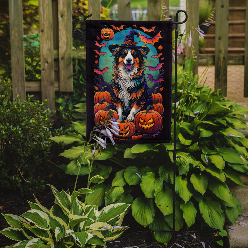 Australian Shepherd Witchy Halloween Garden Flag – Witch Dog with Pumpkins, Bats & Jack-o'-Lanterns