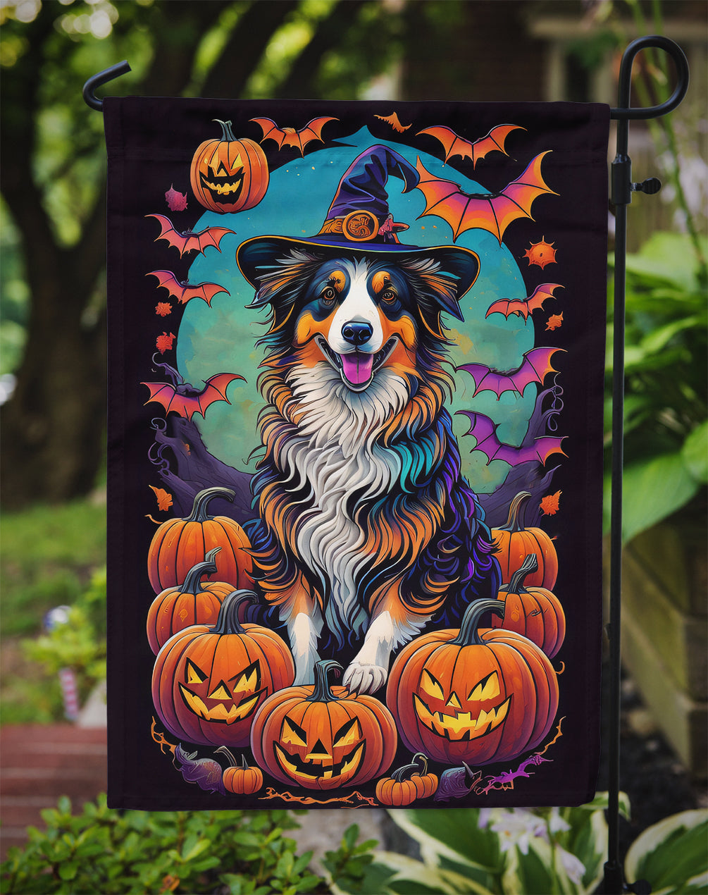 Australian Shepherd Witchy Halloween Garden Flag – Witch Dog with Pumpkins, Bats & Jack-o'-Lanterns