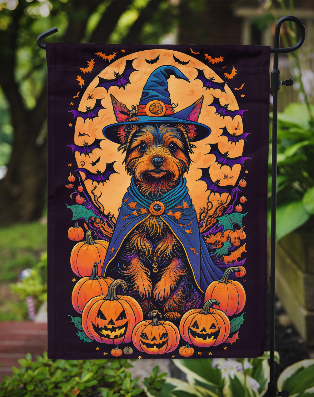 Australian Terrier Witchy Halloween Garden Flag – Witch Dog with Pumpkins, Bats & Jack-o'-Lanterns