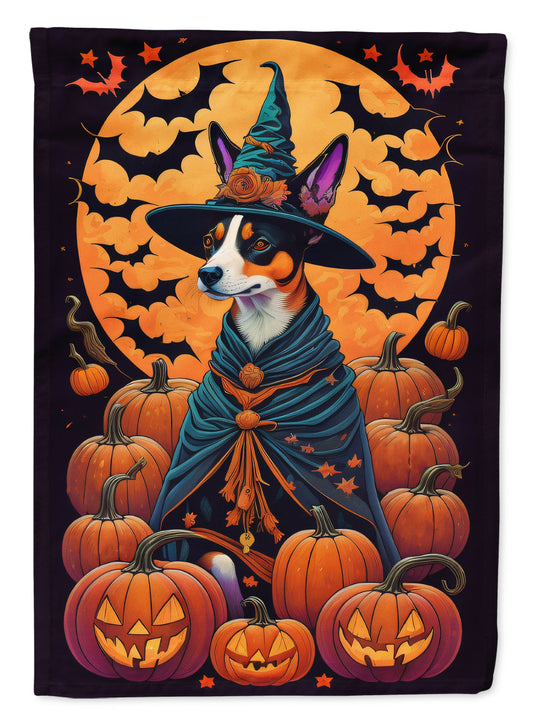 Basenji Witchy Halloween Garden Flag – Witch Dog with Pumpkins, Bats & Jack-o'-Lanterns