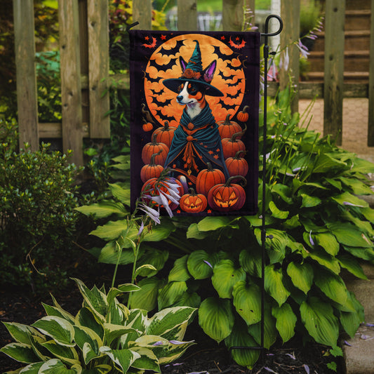 Basenji Witchy Halloween Garden Flag – Witch Dog with Pumpkins, Bats & Jack-o'-Lanterns