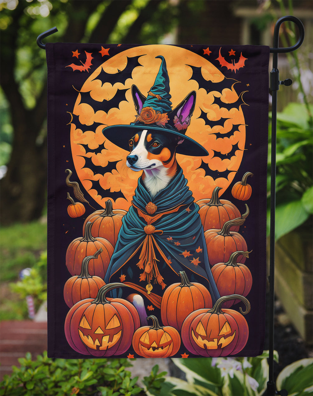 Basenji Witchy Halloween Garden Flag – Witch Dog with Pumpkins, Bats & Jack-o'-Lanterns