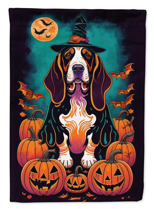 Basset Hound Witchy Halloween Garden Flag – Witch Dog with Pumpkins, Bats & Jack-o'-Lanterns