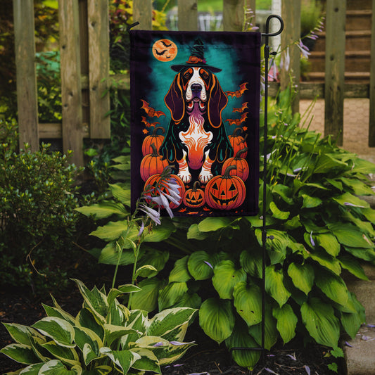 Basset Hound Witchy Halloween Garden Flag – Witch Dog with Pumpkins, Bats & Jack-o'-Lanterns