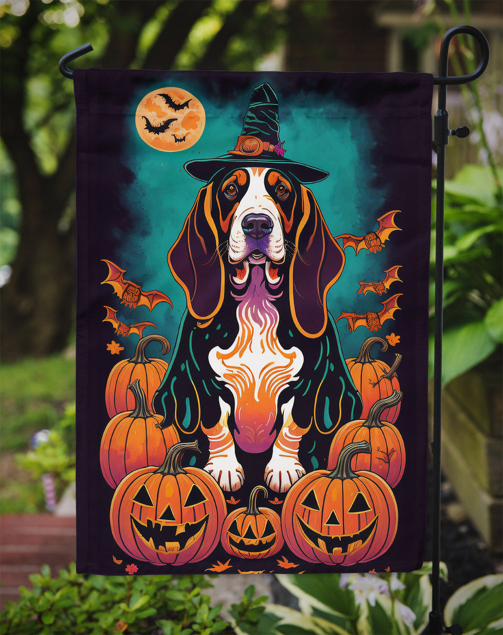 Basset Hound Witchy Halloween Garden Flag – Witch Dog with Pumpkins, Bats & Jack-o'-Lanterns