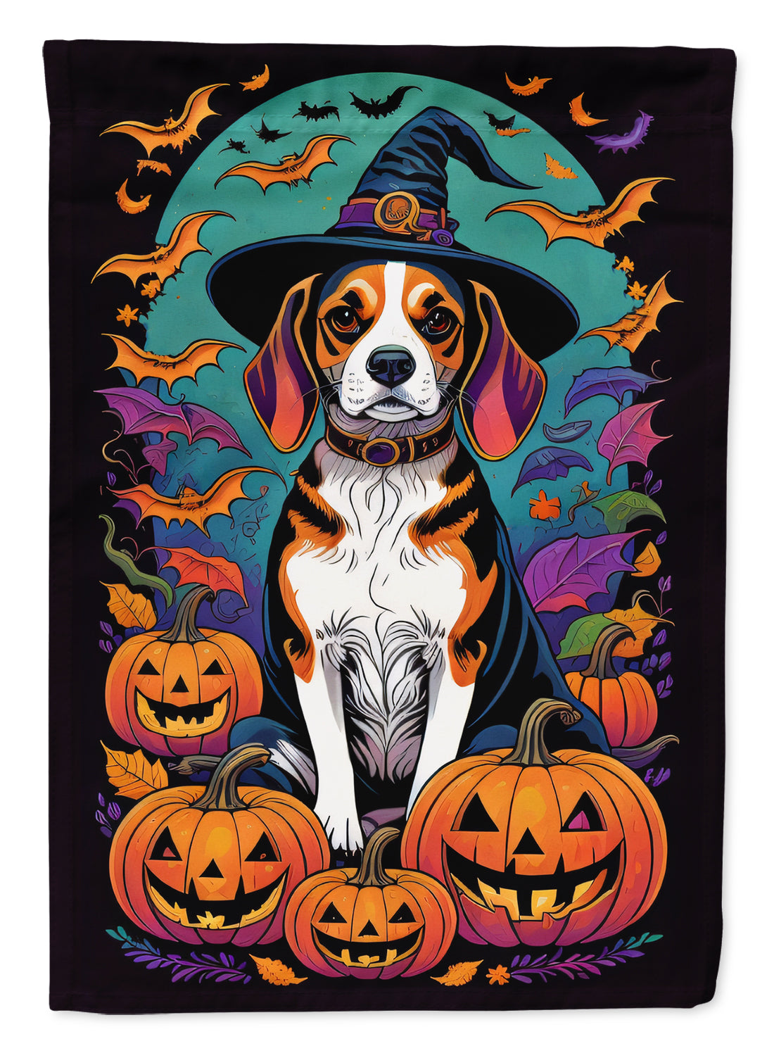 Beagle Witchy Halloween Garden Flag – Witch Dog with Pumpkins, Bats & Jack-o'-Lanterns