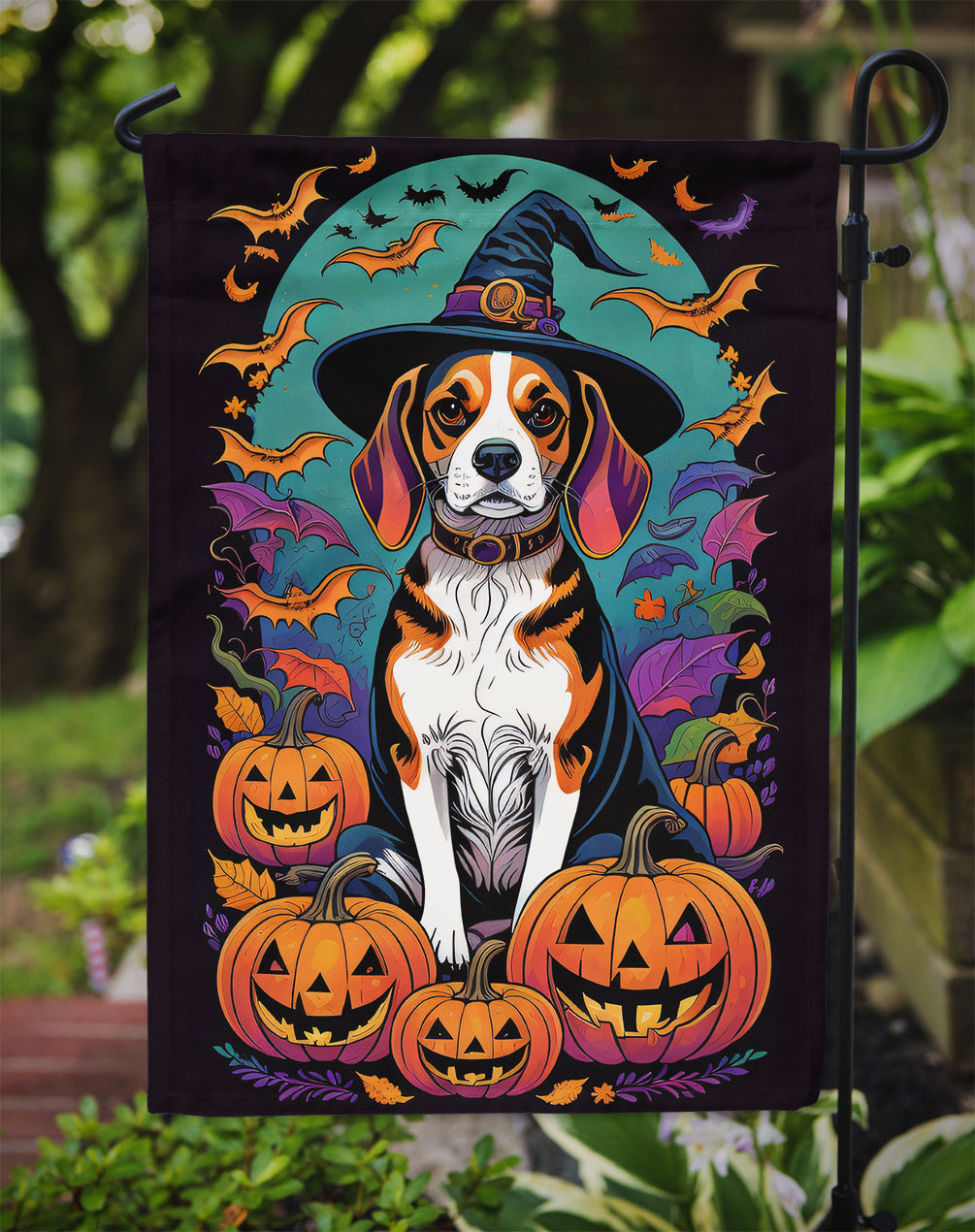 Beagle Witchy Halloween Garden Flag – Witch Dog with Pumpkins, Bats & Jack-o'-Lanterns