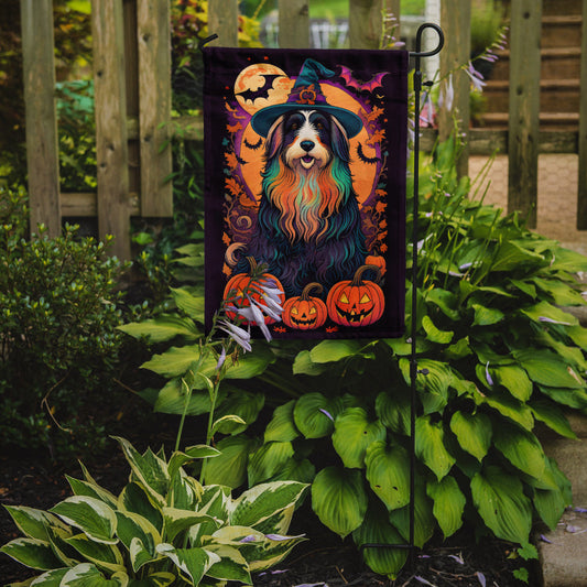 Bearded Collie Witchy Halloween Garden Flag – Witch Dog with Pumpkins, Bats & Jack-o'-Lanterns