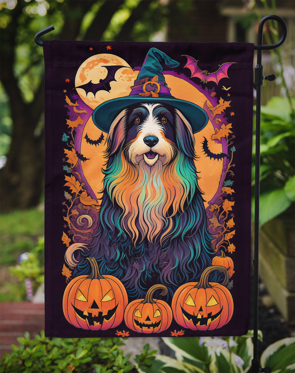 Bearded Collie Witchy Halloween Garden Flag – Witch Dog with Pumpkins, Bats & Jack-o'-Lanterns