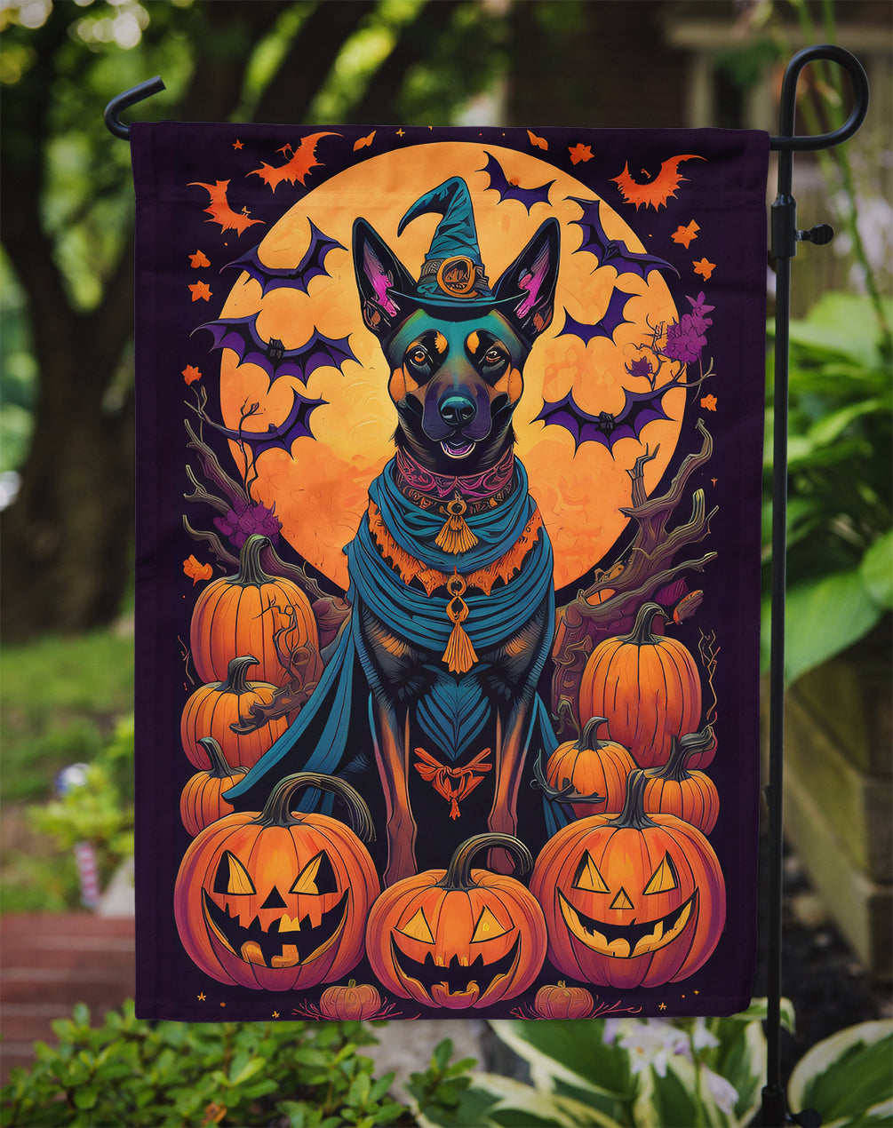 Belgian Malinois Witchy Halloween Garden Flag – Witch Dog with Pumpkins, Bats & Jack-o'-Lanterns