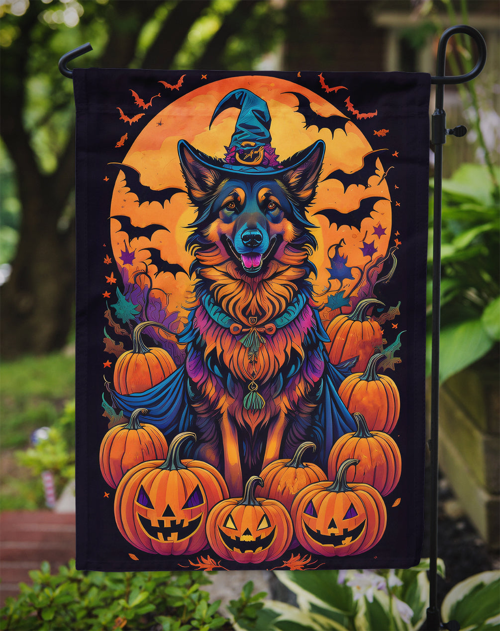 Belgian Tervuren Witchy Halloween Garden Flag – Witch Dog with Pumpkins, Bats & Jack-o'-Lanterns