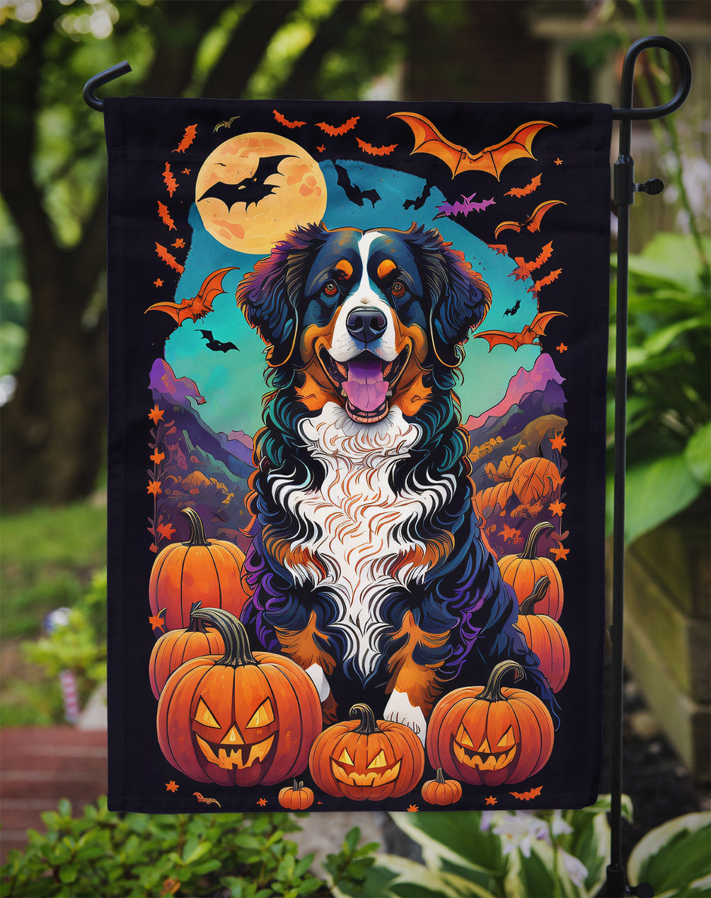 Bernese Mountain Dog Witchy Halloween Garden Flag – Witch Dog with Pumpkins, Bats & Jack-o'-Lanterns