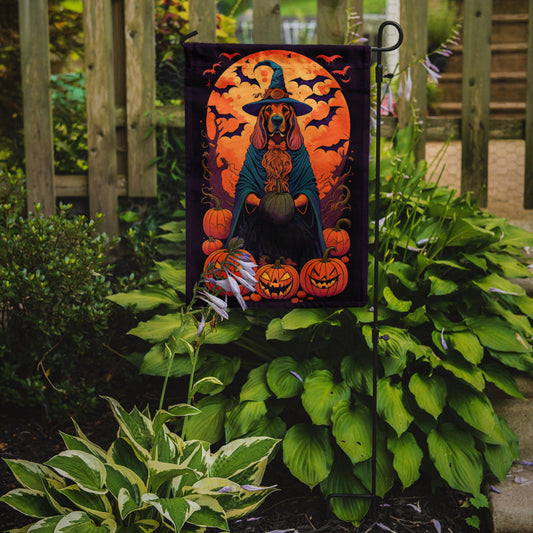 Bloodhound Witchy Halloween Garden Flag – Witch Dog with Pumpkins, Bats & Jack-o'-Lanterns