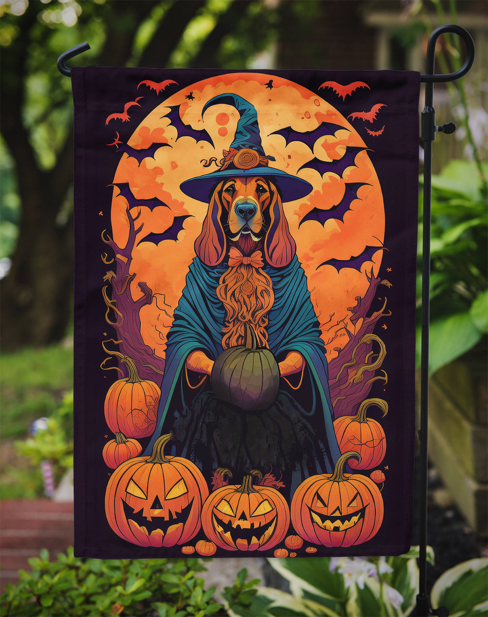 Bloodhound Witchy Halloween Garden Flag – Witch Dog with Pumpkins, Bats & Jack-o'-Lanterns