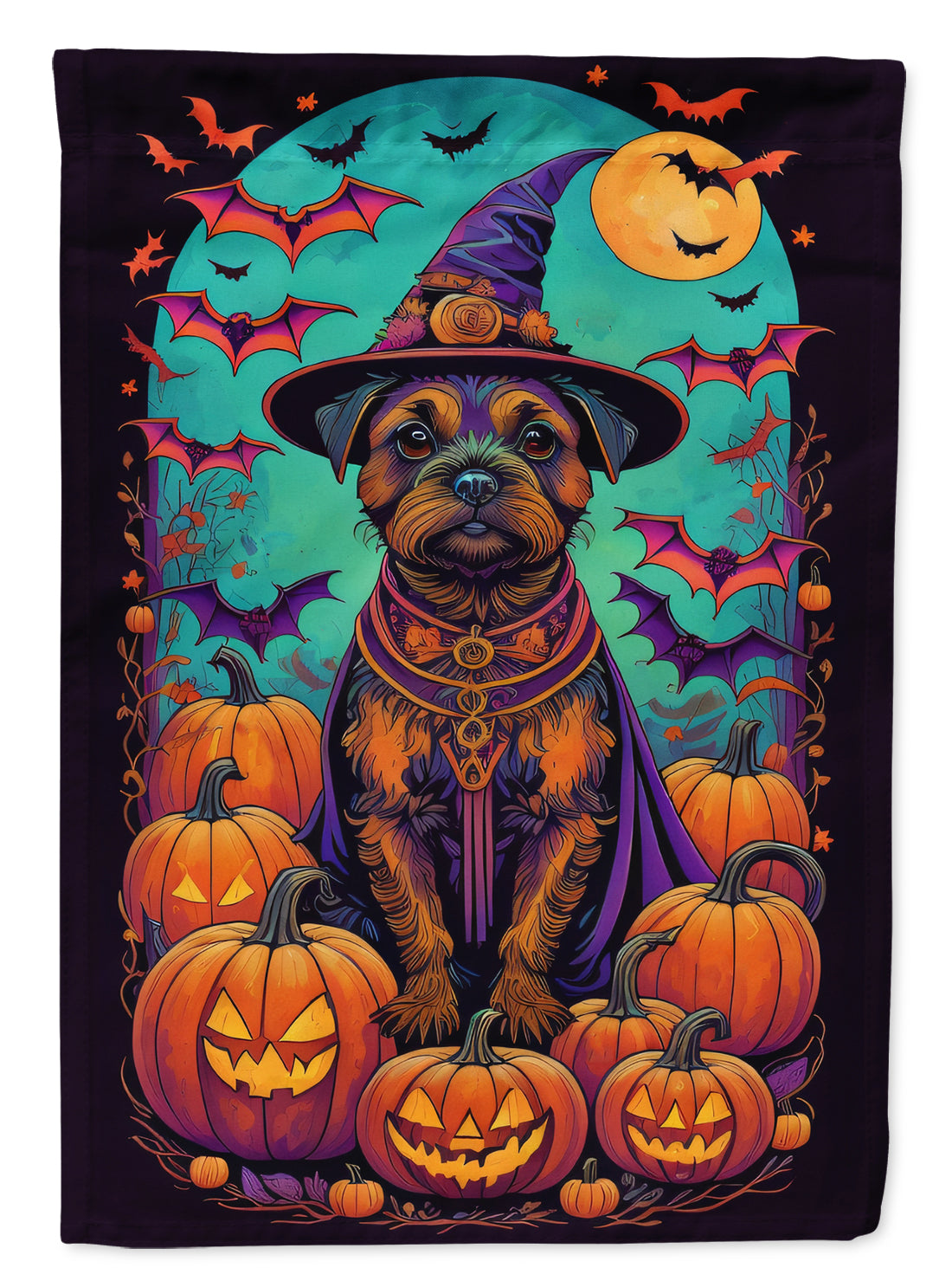 Border Terrier Witchy Halloween Garden Flag – Witch Dog with Pumpkins, Bats & Jack-o'-Lanterns
