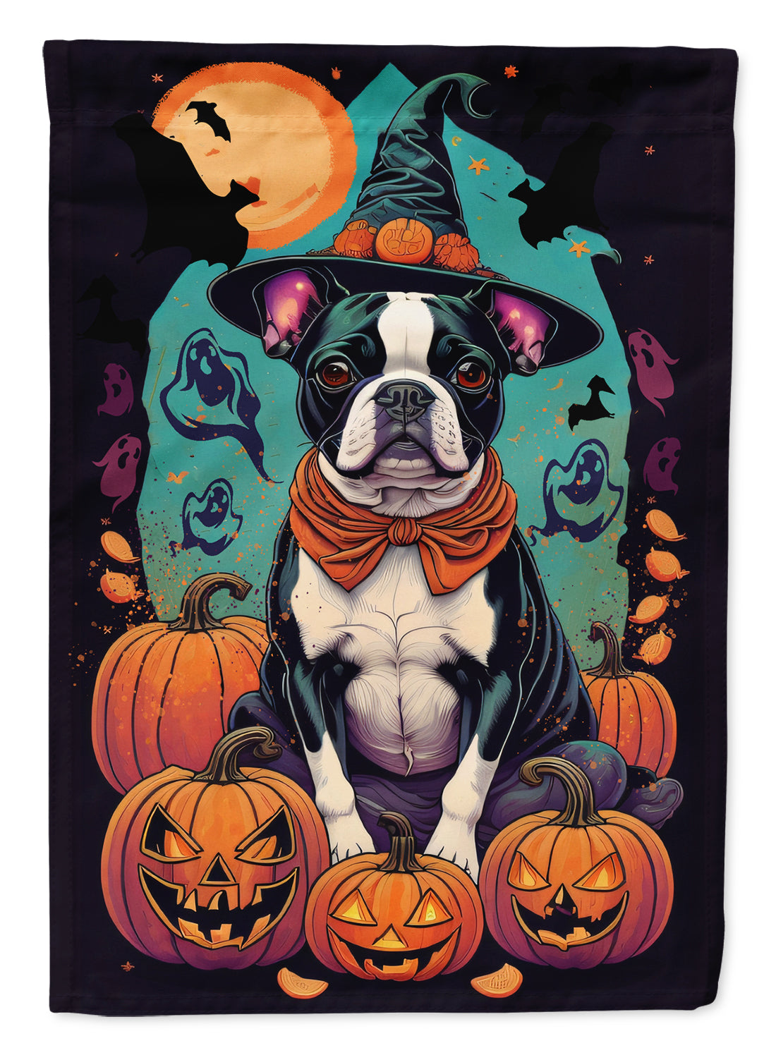 Boston Terrier Witchy Halloween Garden Flag – Witch Dog with Pumpkins, Bats & Jack-o'-Lanterns