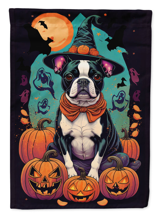 Boston Terrier Witchy Halloween Garden Flag – Witch Dog with Pumpkins, Bats & Jack-o'-Lanterns