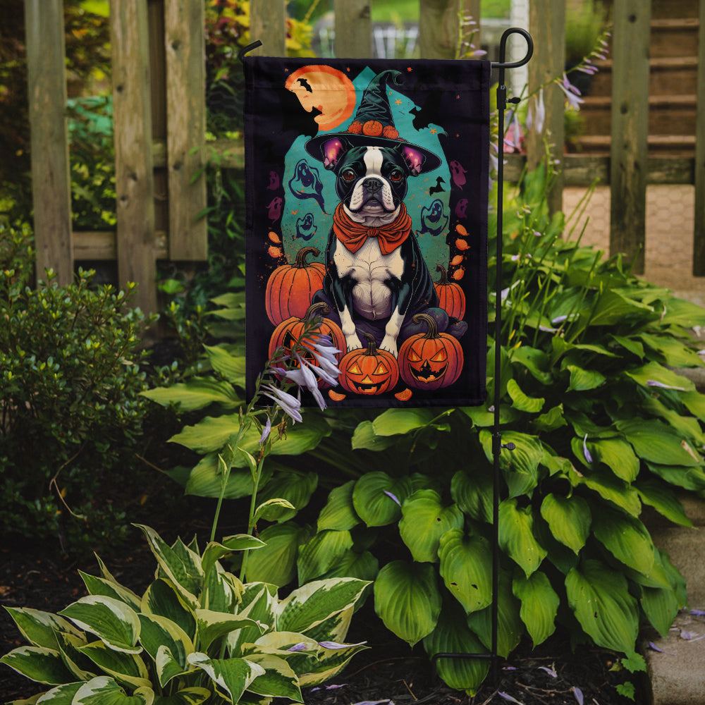 Boston Terrier Witchy Halloween Garden Flag – Witch Dog with Pumpkins, Bats & Jack-o'-Lanterns