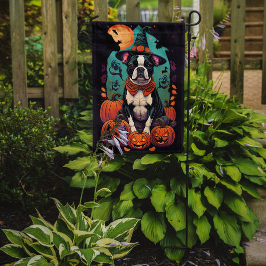 Boston Terrier Witchy Halloween Garden Flag – Witch Dog with Pumpkins, Bats & Jack-o'-Lanterns