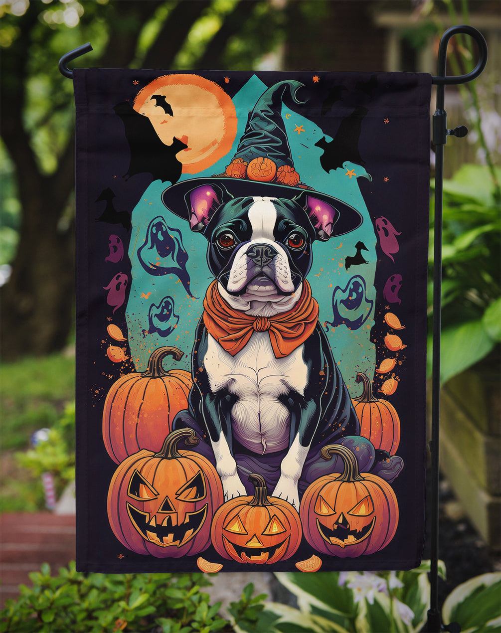 Boston Terrier Witchy Halloween Garden Flag – Witch Dog with Pumpkins, Bats & Jack-o'-Lanterns