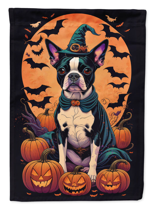 Boston Terrier Witchy Halloween Garden Flag – Witch Dog with Pumpkins, Bats & Jack-o'-Lanterns