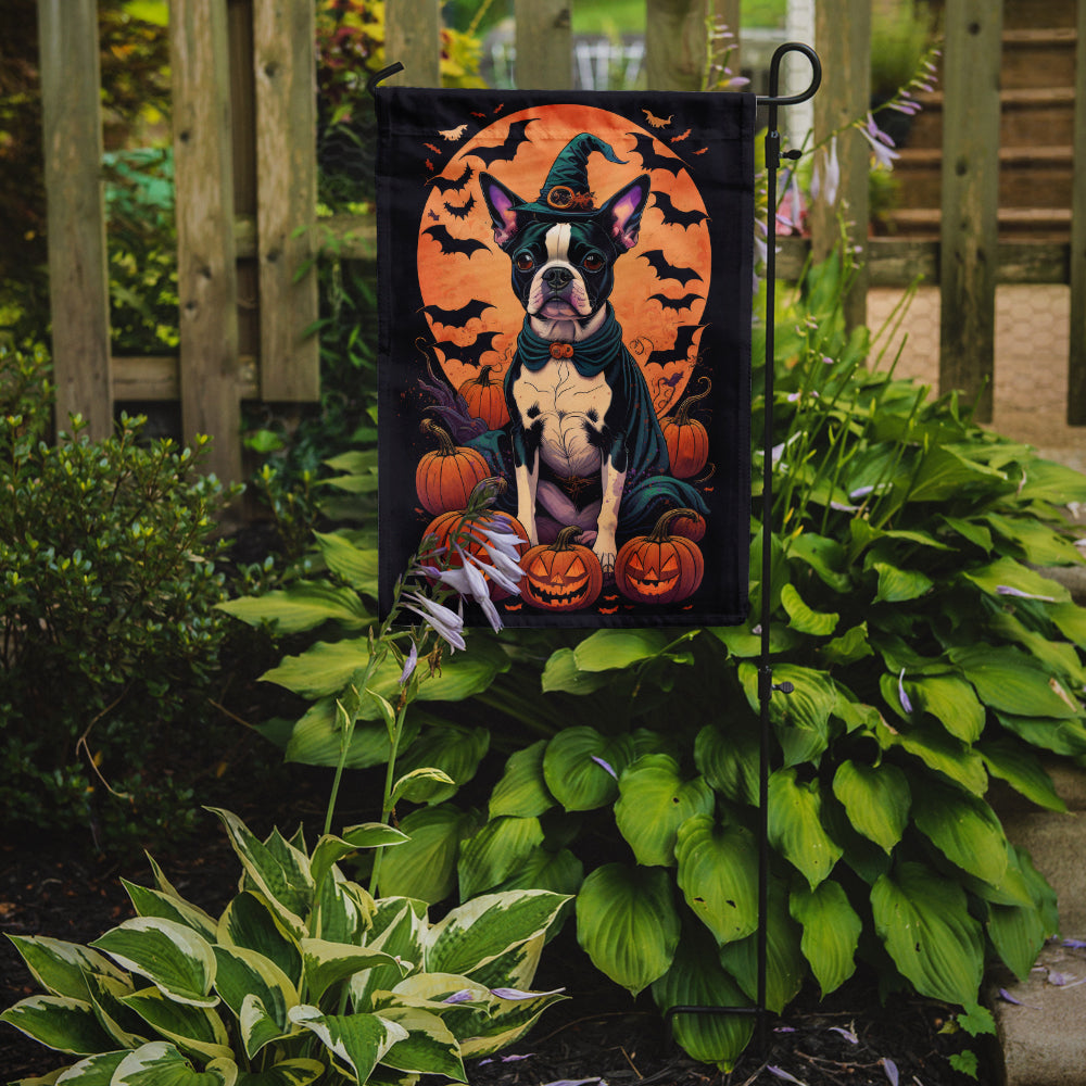 Boston Terrier Witchy Halloween Garden Flag – Witch Dog with Pumpkins, Bats & Jack-o'-Lanterns